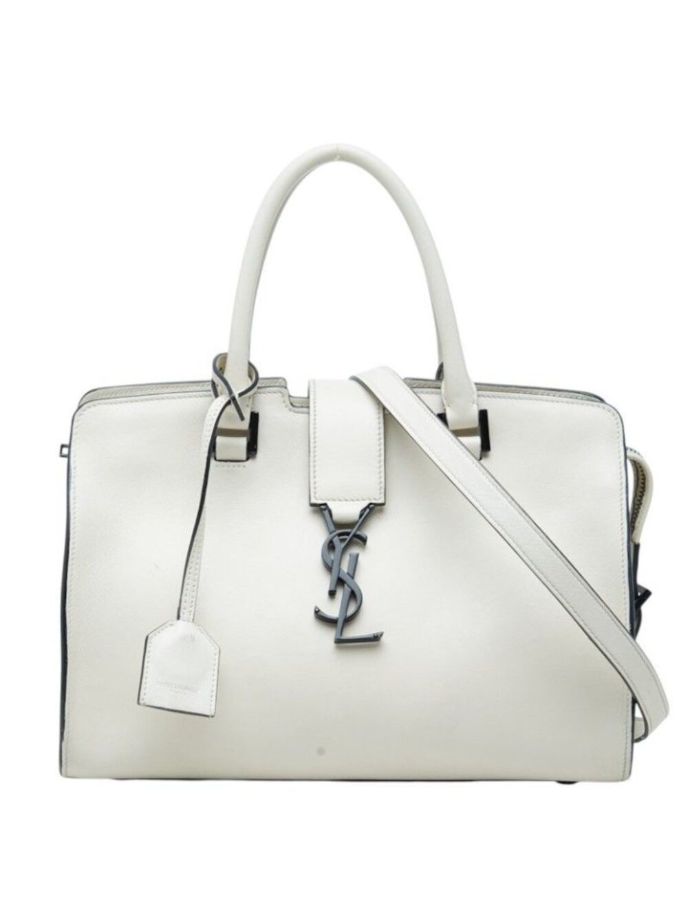 Saint Laurent YSL Logo Baby Cabas 2-Way Shoulder Bag White Leather